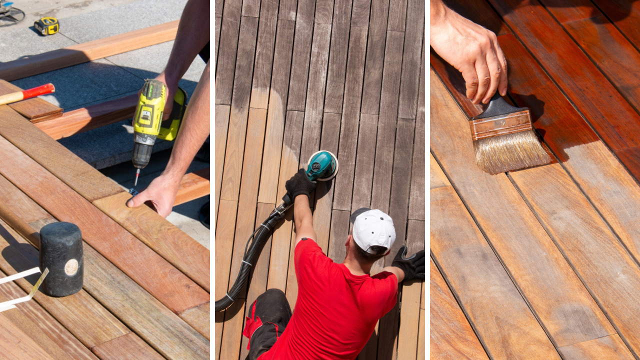 Deck Sanding in Bicester shown in three stages on a hardwood timber garden deck floor: fixing boards, machine sanding grey timber and brushing on a fresh protective finish.